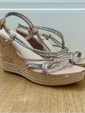 Prada Espadrille Cork Wedge Woven Strappy Tan Silver Pink Sandals Size EU 7/US 7